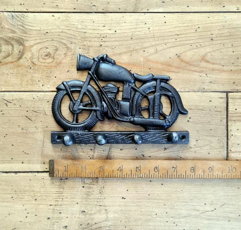 Motorcycle Coat Hook – 4 Cast Iron Hooks with Vintage Bike Design (210mm)